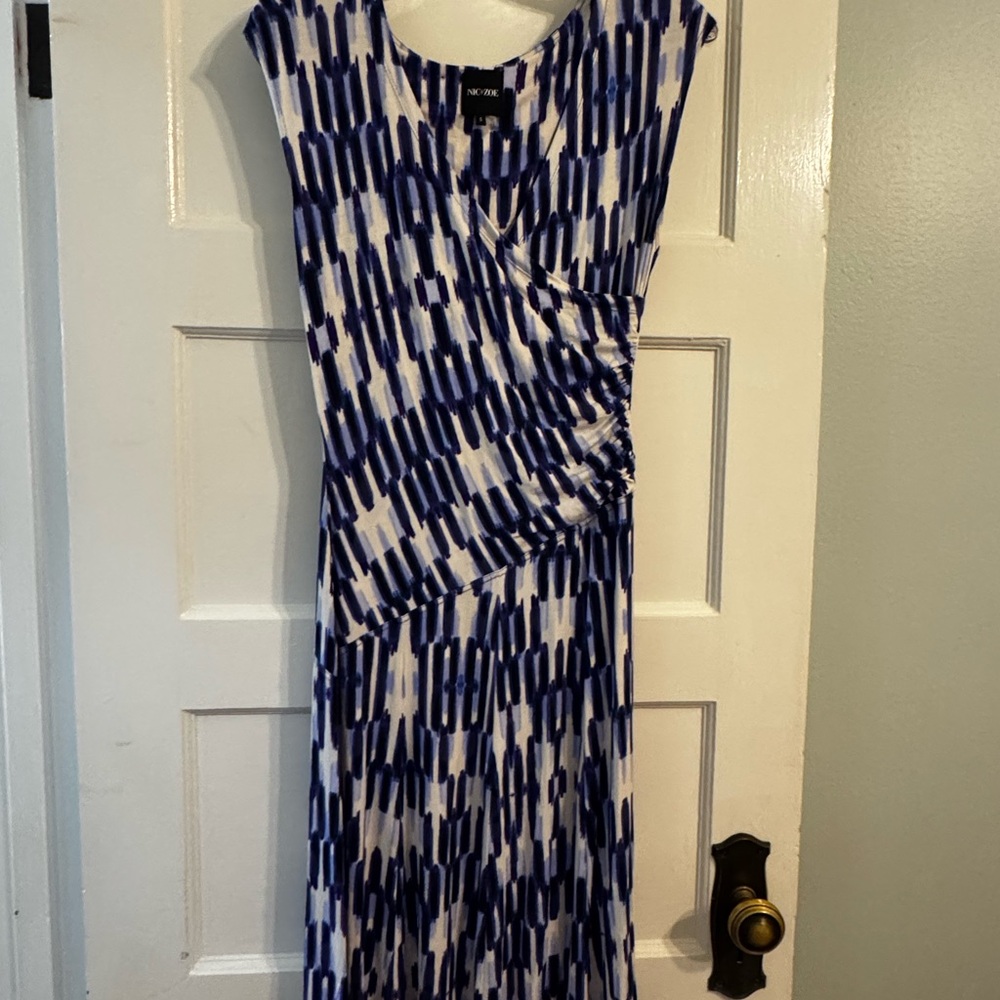 NIC+ZOE Blue and White Ruched Sheath Midi Dress